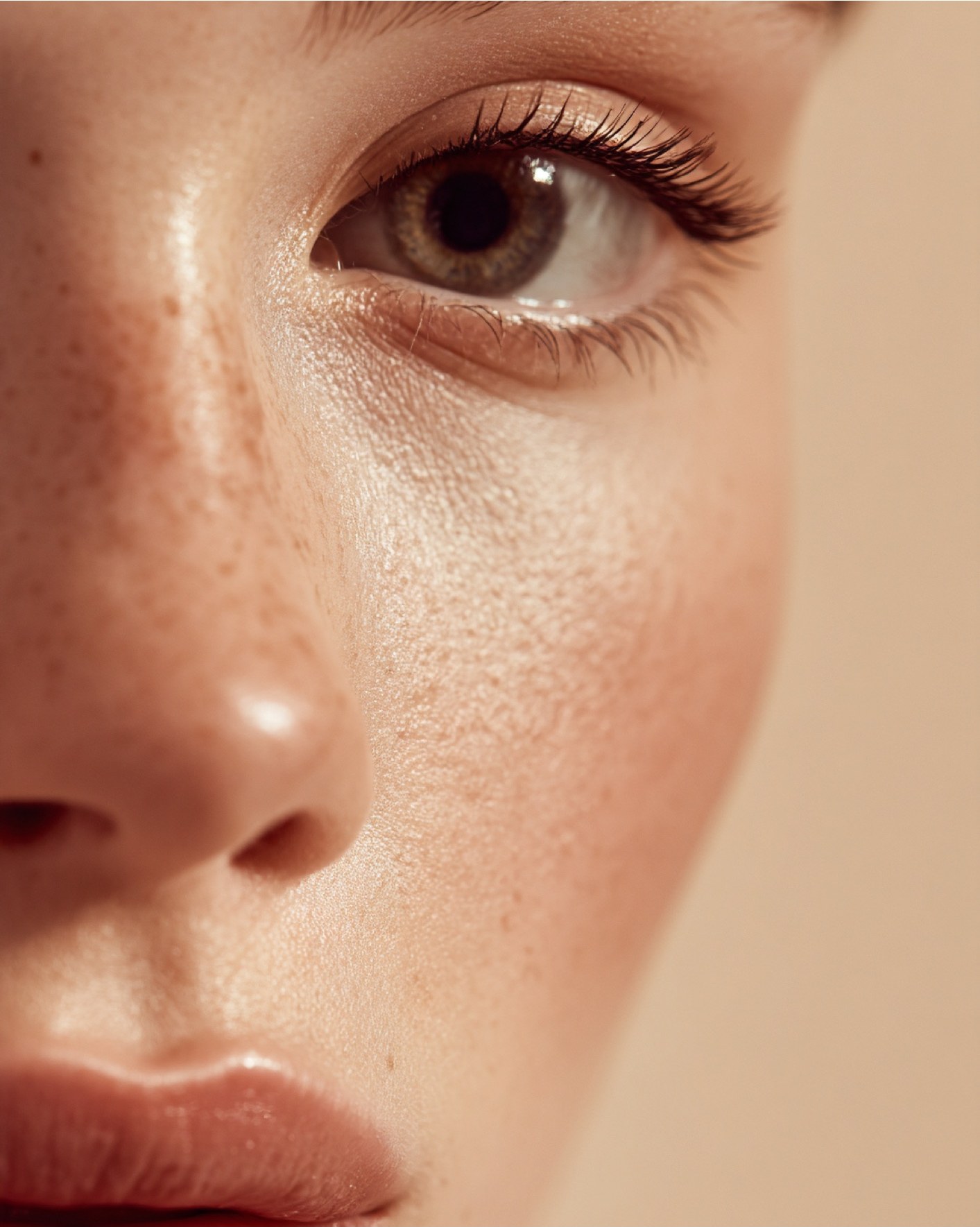 Close-up portrait showing natural, considered skin detail